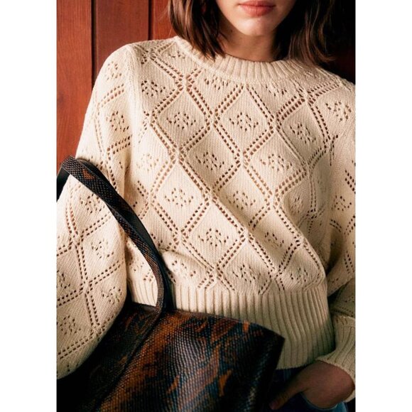 Like New Sezane Abby 100% Cotton Crochet Cropped Sweater Ecru tag L, S-M fit - Picture 2 of 8